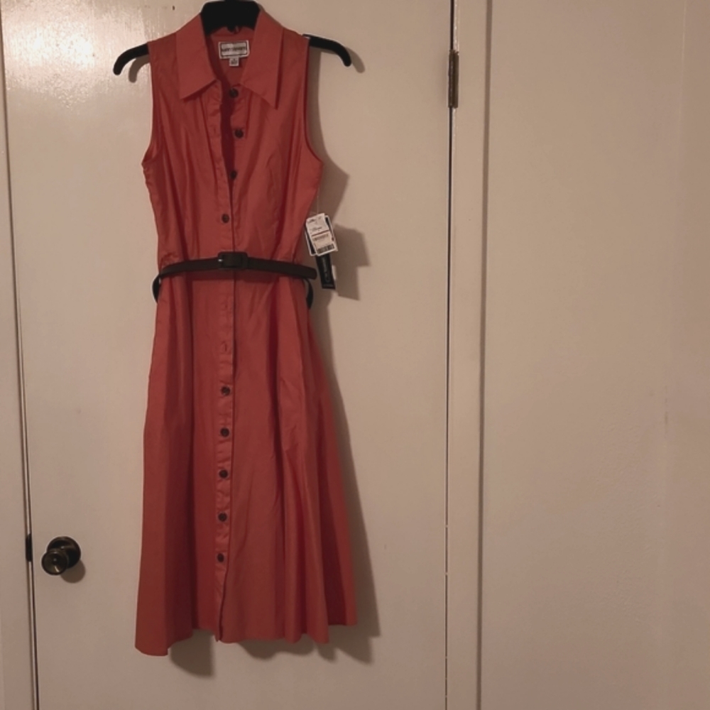 Never worn Coral sleeveless dress with brown belt!